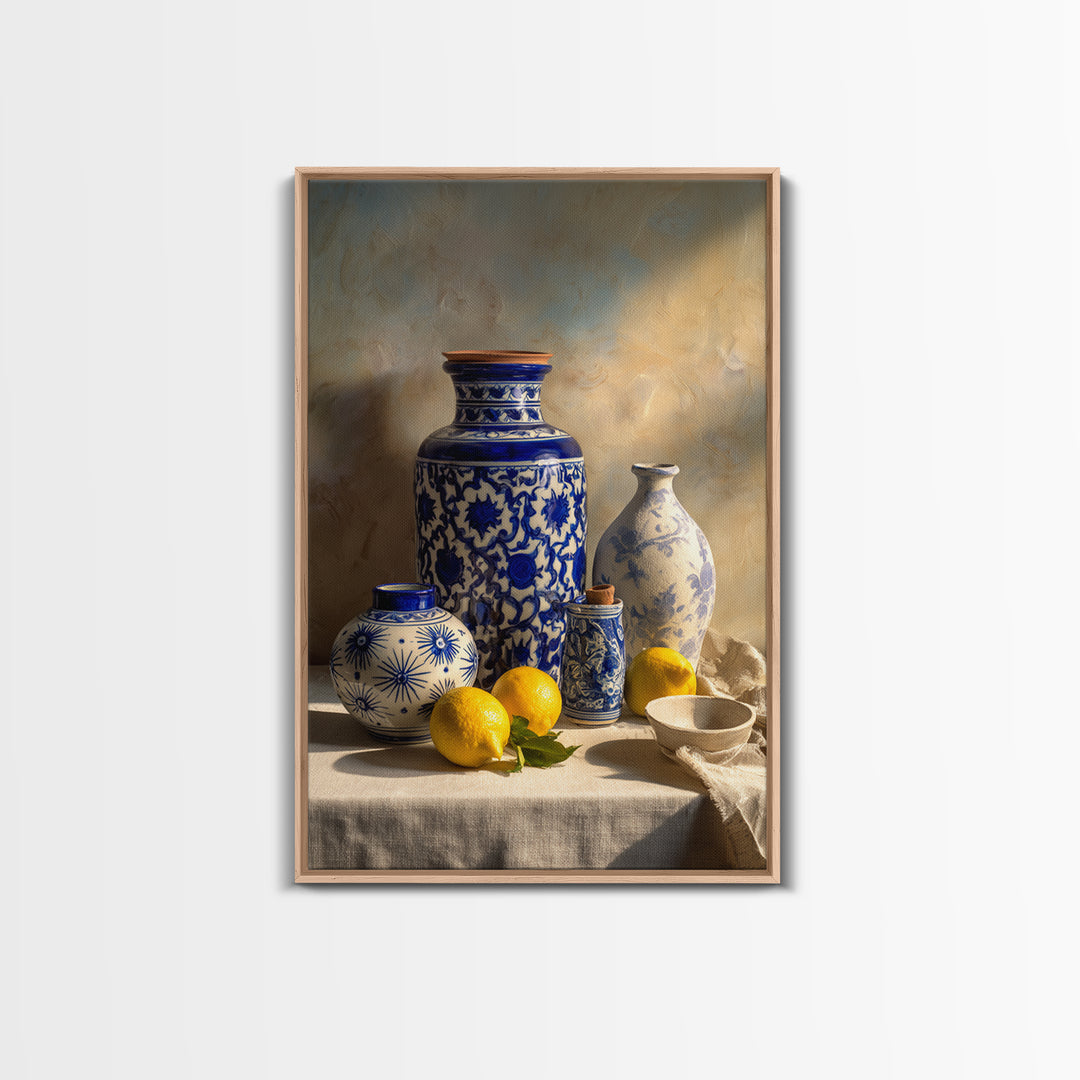 Blue and White Tile Pattern Framed Canvas Print, Mediterranean Art, Modern Wall Art, Living Room Decor, Fine Art, Azure, MAR-2x3-84