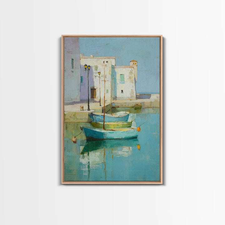 Coastal Fishing Boats Framed Canvas Print, Mediterranean Art, Digital Wall Art, Living Room Decor, Azure, Coastal Wall Art, MAR-2x3-87