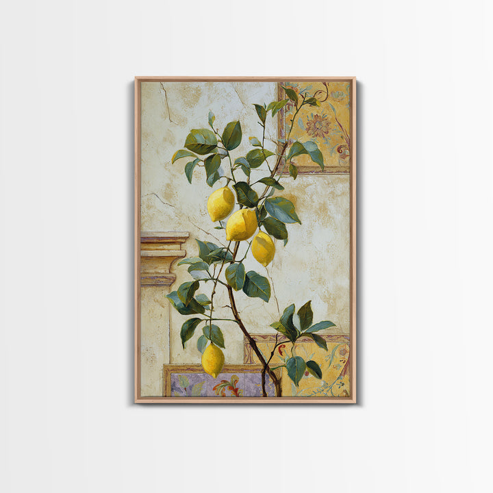 Sicilian Lemon Branch on Ivory Background Framed Canvas Print, Mediterranean Art, Oil Painting, Living Room Decor, MAR-2x3-93
