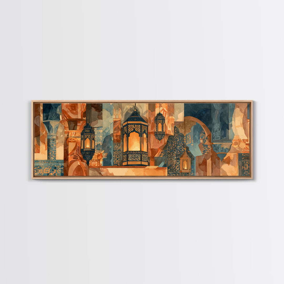 Moroccan Influenced Lantern Framed Canvas Print, Mediterranean Art, Digital Print, Living Room Decor, Fine Art, Azure, MAR-3x1-1