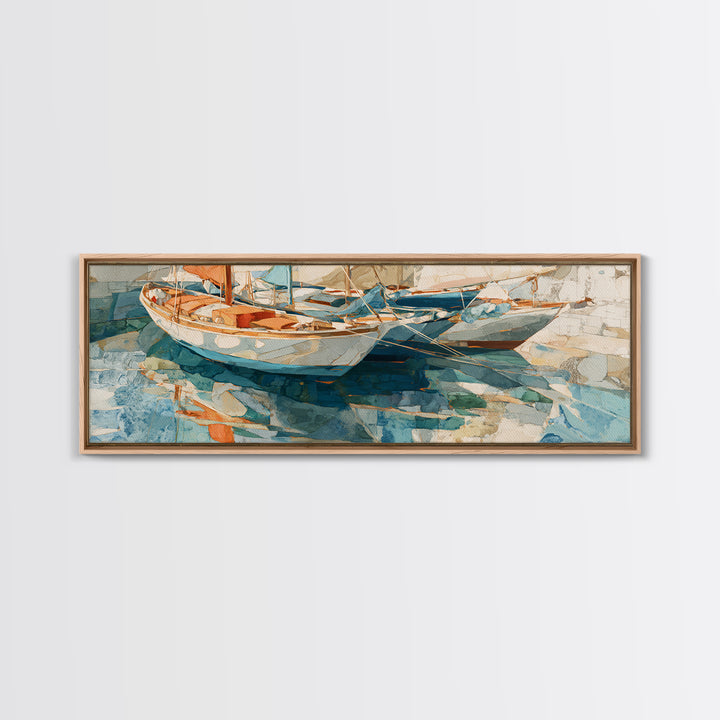 Mediterranean Sailboat on Glassy Water Framed Canvas Print, Mediterranean Art, Textured Painting, Living Room Decor, Azure, MAR-3x1-10