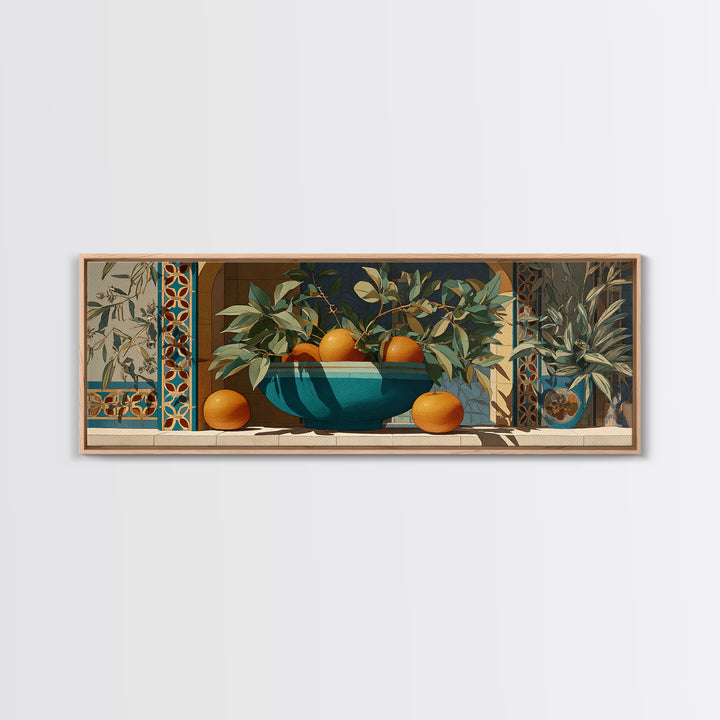 Ceramic Bowl of Oranges and Leaves Canvas Print, Mediterranean Art, Digital Wall Art, Living Room Decor, Fine Art, Azure, MAR-3x1-13