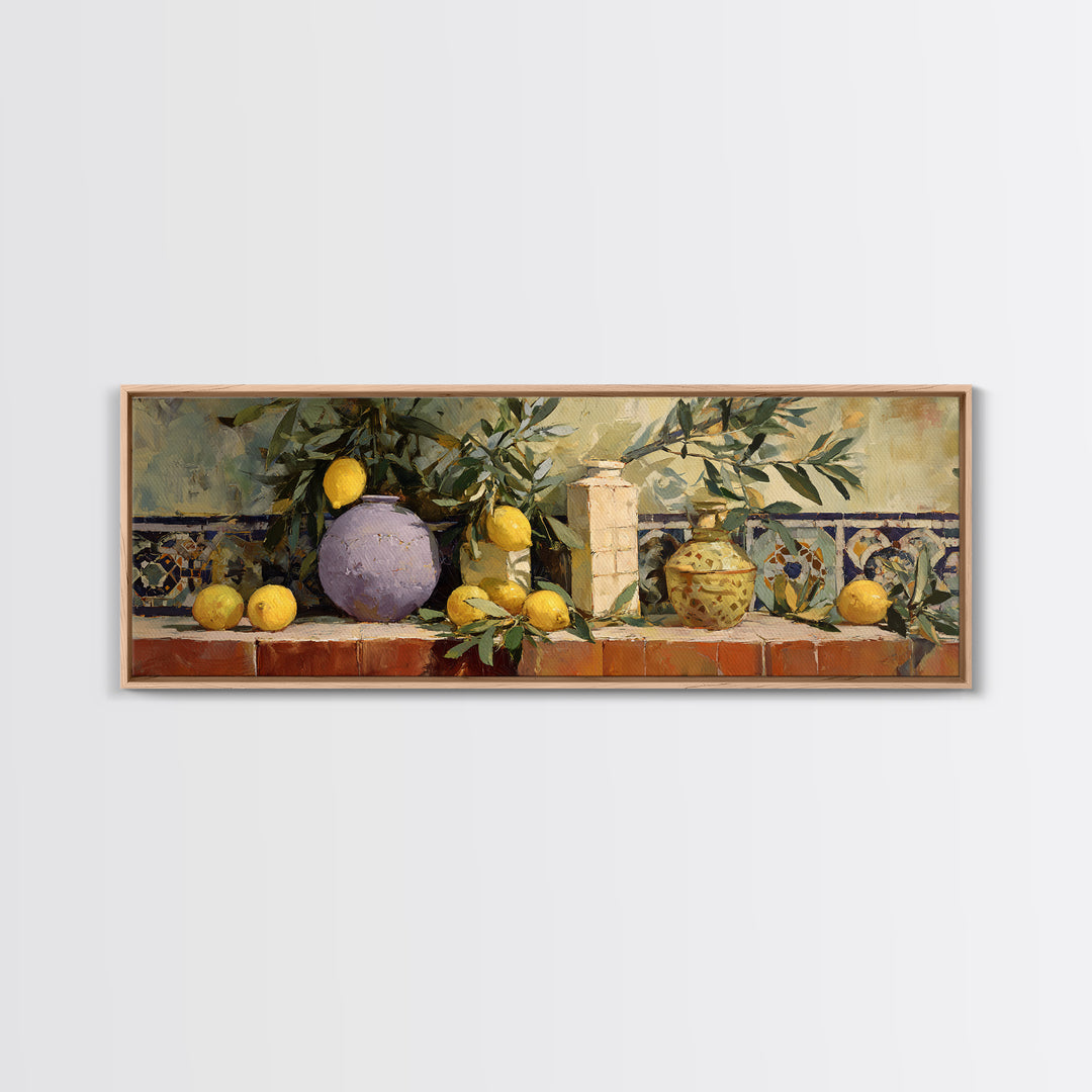 Olive Branch and Lemons on Terracotta Ground Canvas Print, Mediterranean Art, Digital Wall Art, Living Room Decor, Azure, MAR-3x1-18