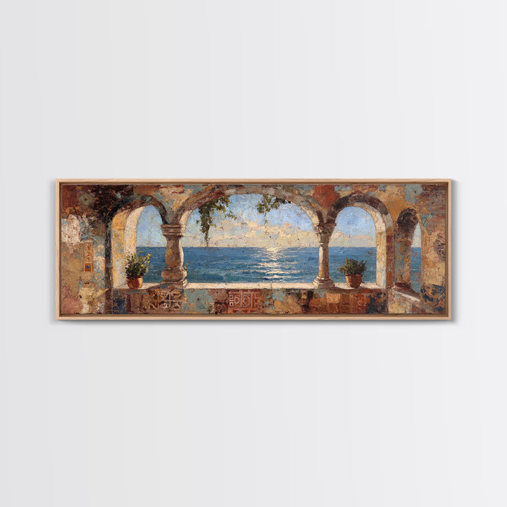 Mediterranean Arch Framing Ocean Horizon Canvas Print, Mediterranean Art, Wall Decor, Living Room Decor, Fine Art, Azure, MAR-3x1-19