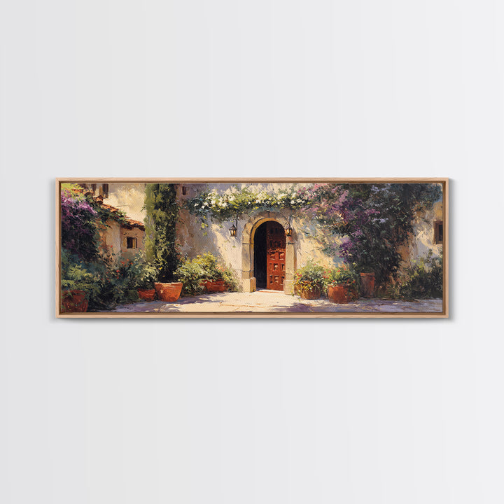 Sunlit Courtyard Doorway Framed Canvas Print, Mediterranean Art, Modern Decor, Living Room Decor, Fine Art, Azure, MAR-3x1-27