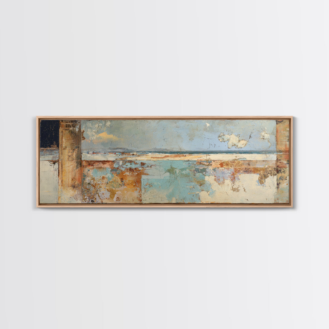 Ancient Column with Sea and Sky Beyond Framed Canvas Print, Mediterranean Art, Beach Prints, Living Room Decor, Oil Painting, MAR-3x1-28