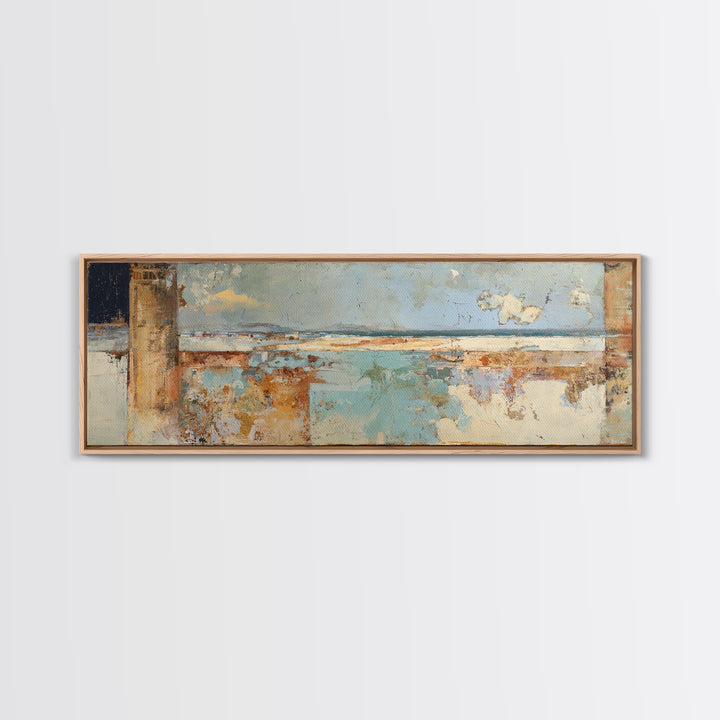 Ancient Column with Sea and Sky Beyond Framed Canvas Print, Mediterranean Art, Beach Prints, Living Room Decor, Oil Painting, MAR-3x1-28