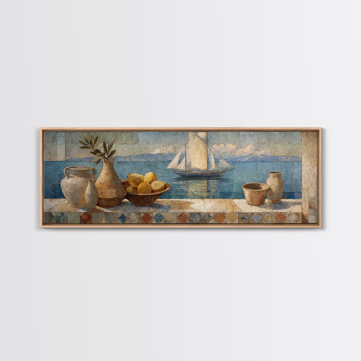Mediterranean Sailboat on Glassy Water Canvas Print, Mediterranean Art, Living Room Decor, Abstract Art, Azure, MAR-3x1-34