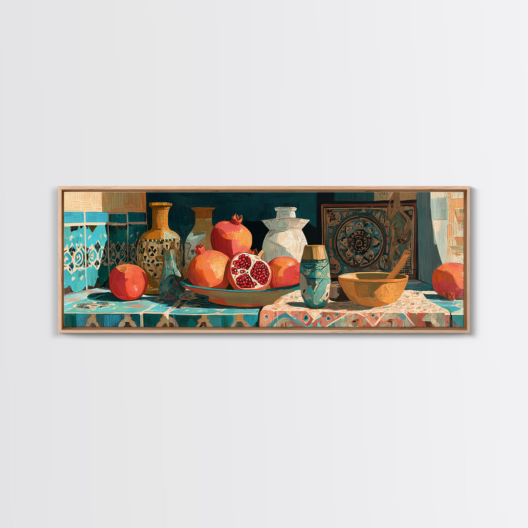 Pomegranate Still Life Canvas Print, Mediterranean Art, Statement Artwork, Living Room Decor, Fine Art, Azure, Oil Painting, MAR-3x1-35