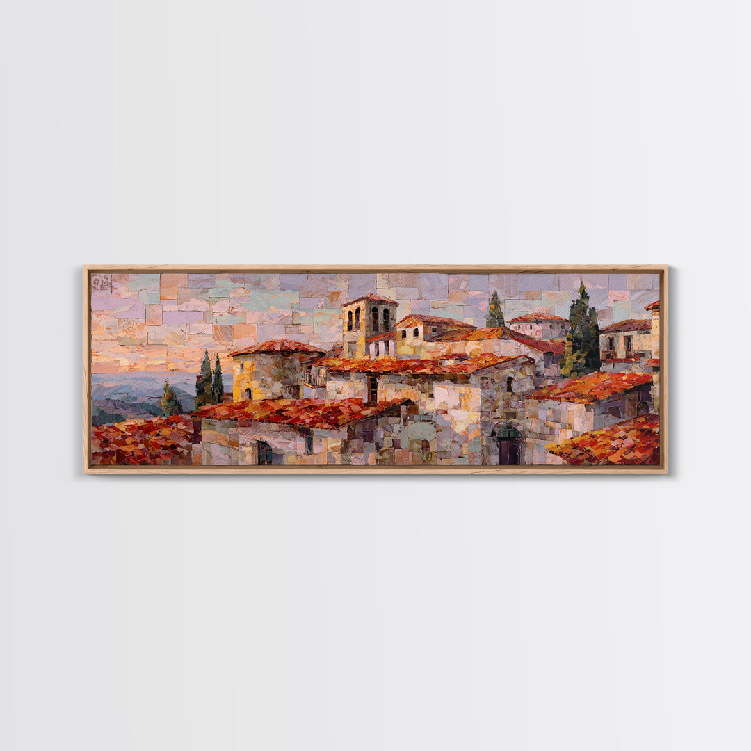 Sunset over Red Tiled Rooftops Canvas Print, Mediterranean Art, Gallery Decor, Living Room Decor, Azure, Minimalist Decor, MAR-3x1-39