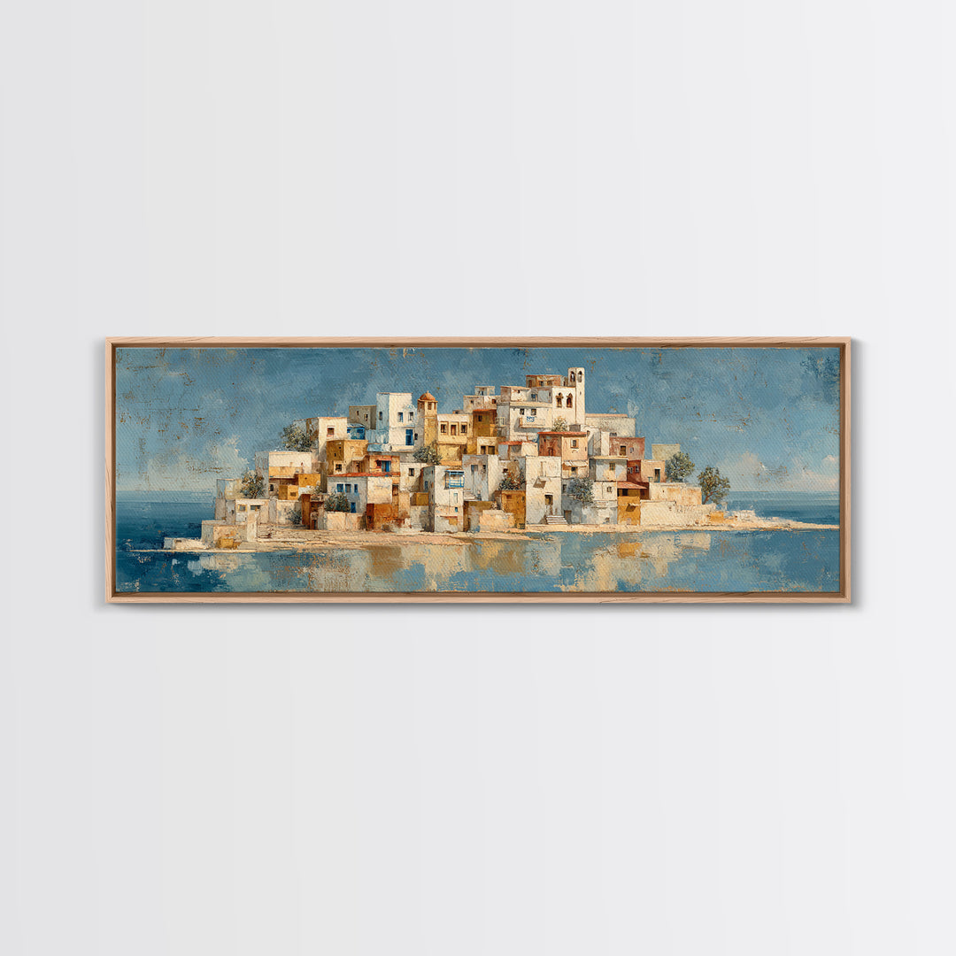 Greek Island White Buildings Above Blue Sea Canvas Print, Mediterranean Art, Coastal Wall Art, Living Room Decor, MAR-3x1-41