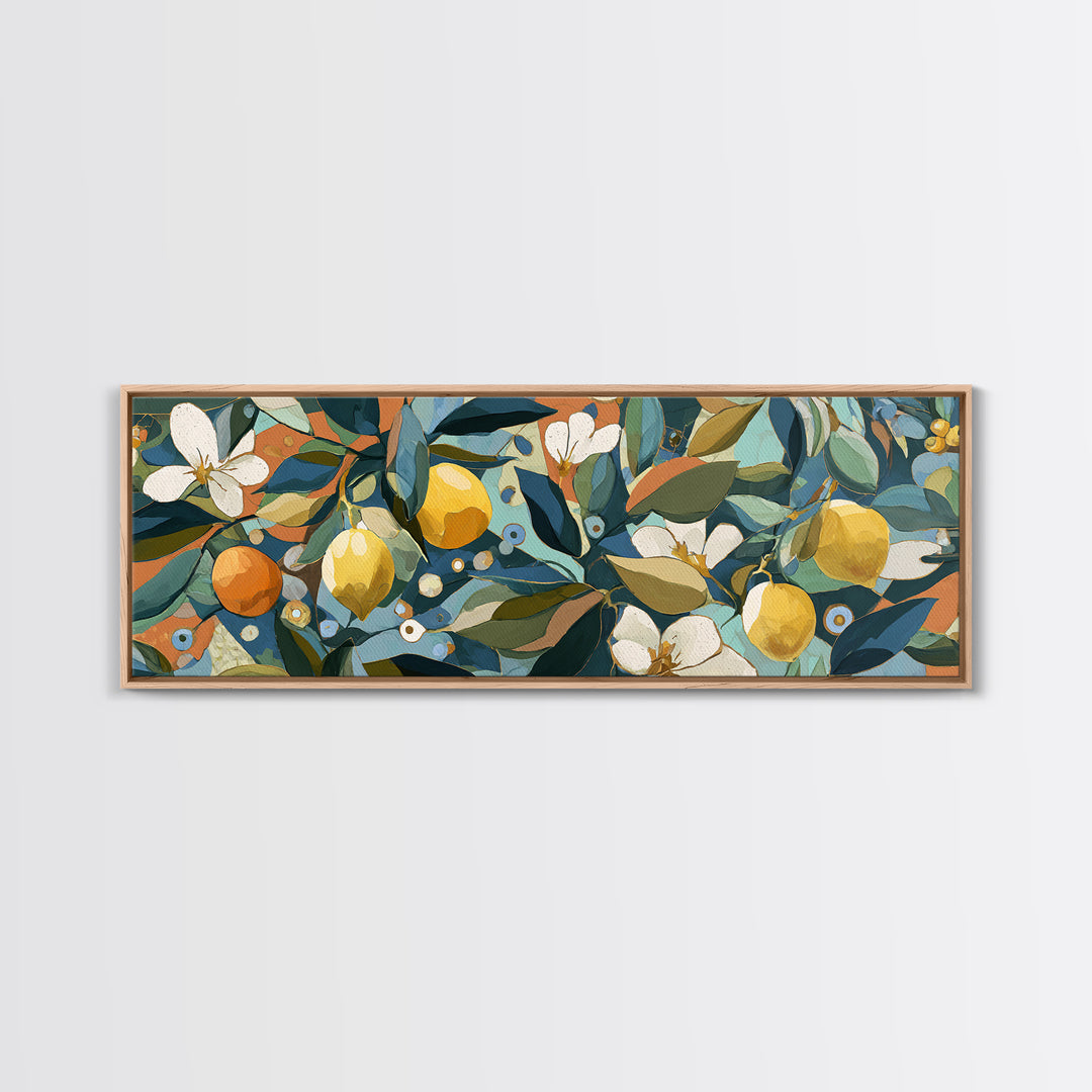 Olive Branch and Lemons on Terracotta Ground Canvas Print, Mediterranean Art, Farmhouse Decor, Living Room Decor, MAR-3x1-42