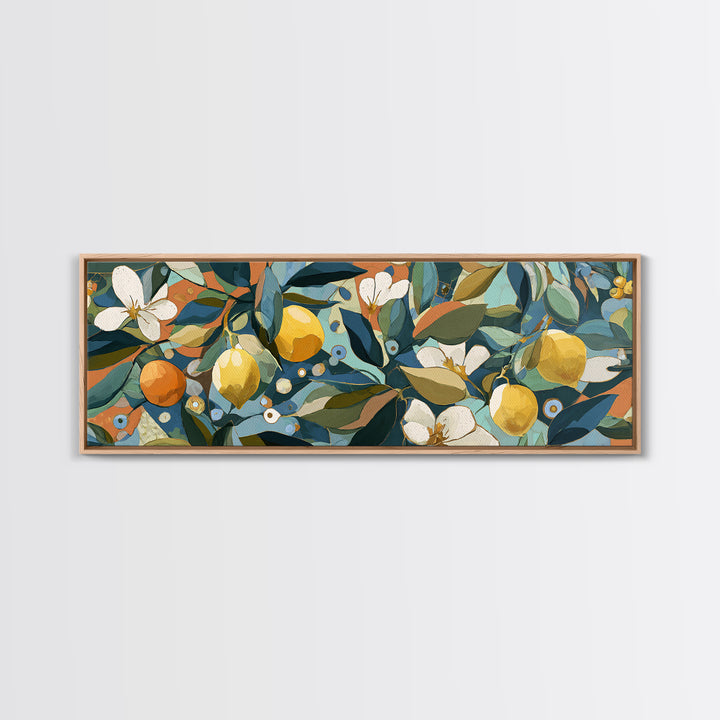 Olive Branch and Lemons on Terracotta Ground Canvas Print, Mediterranean Art, Farmhouse Decor, Living Room Decor, MAR-3x1-42