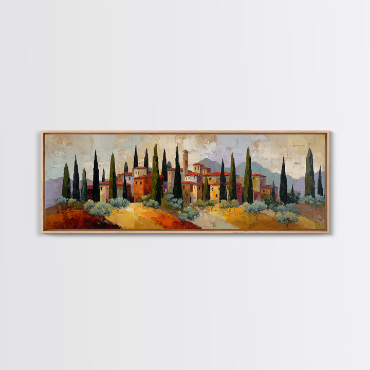 Tuscan Cypress Trees and Golden Hillside Canvas Print, Mediterranean Art, Horizontal Wall Art, Living Room Decor, Azure, MAR-3x1-46