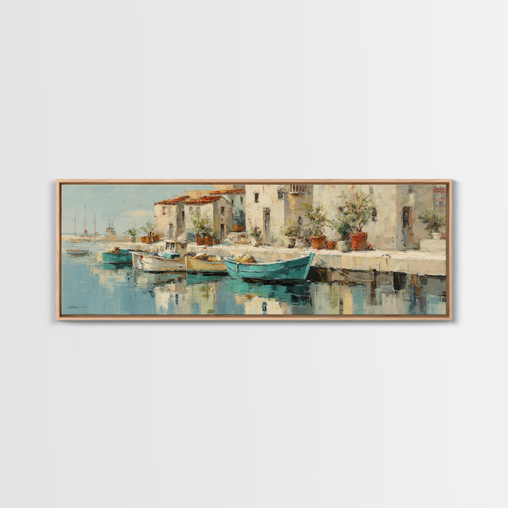 Coastal Fishing Boats Framed Canvas Print, Mediterranean Art, Contemporary Art, Living Room Decor, Oil Painting, Azure, MAR-3x1-47