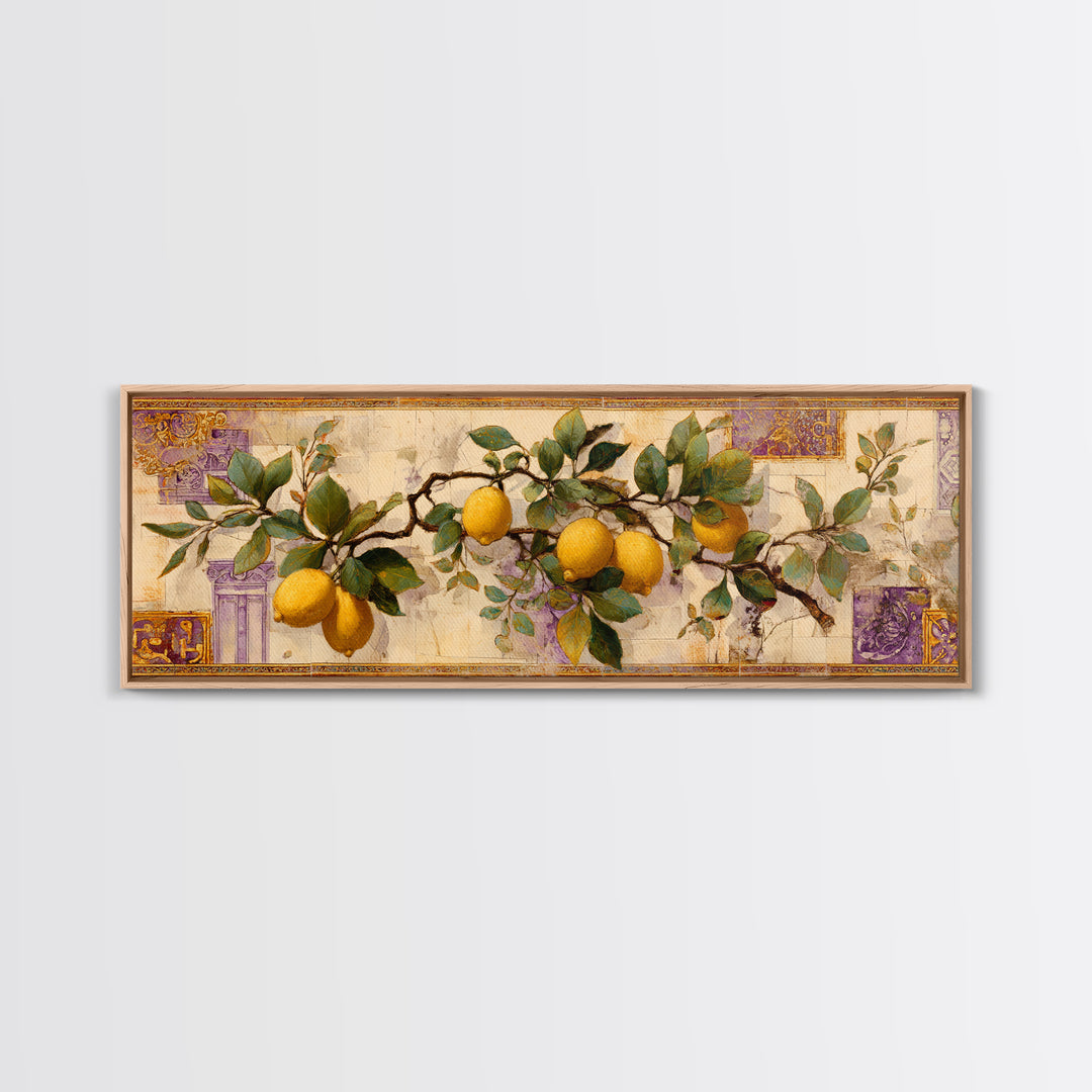 Sicilian Lemon Branch on Ivory Background Framed Canvas Print, Mediterranean Art, Original Painting, Living Room Decor, Azure, MAR-3x1-5