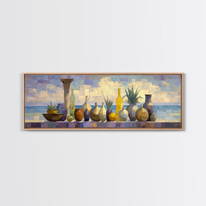 Ancient Column with Sea and Sky Beyond Framed Canvas Print, Mediterranean Art, Luxury Decor, Living Room Decor, Abstract Art, MAR-3x1-52
