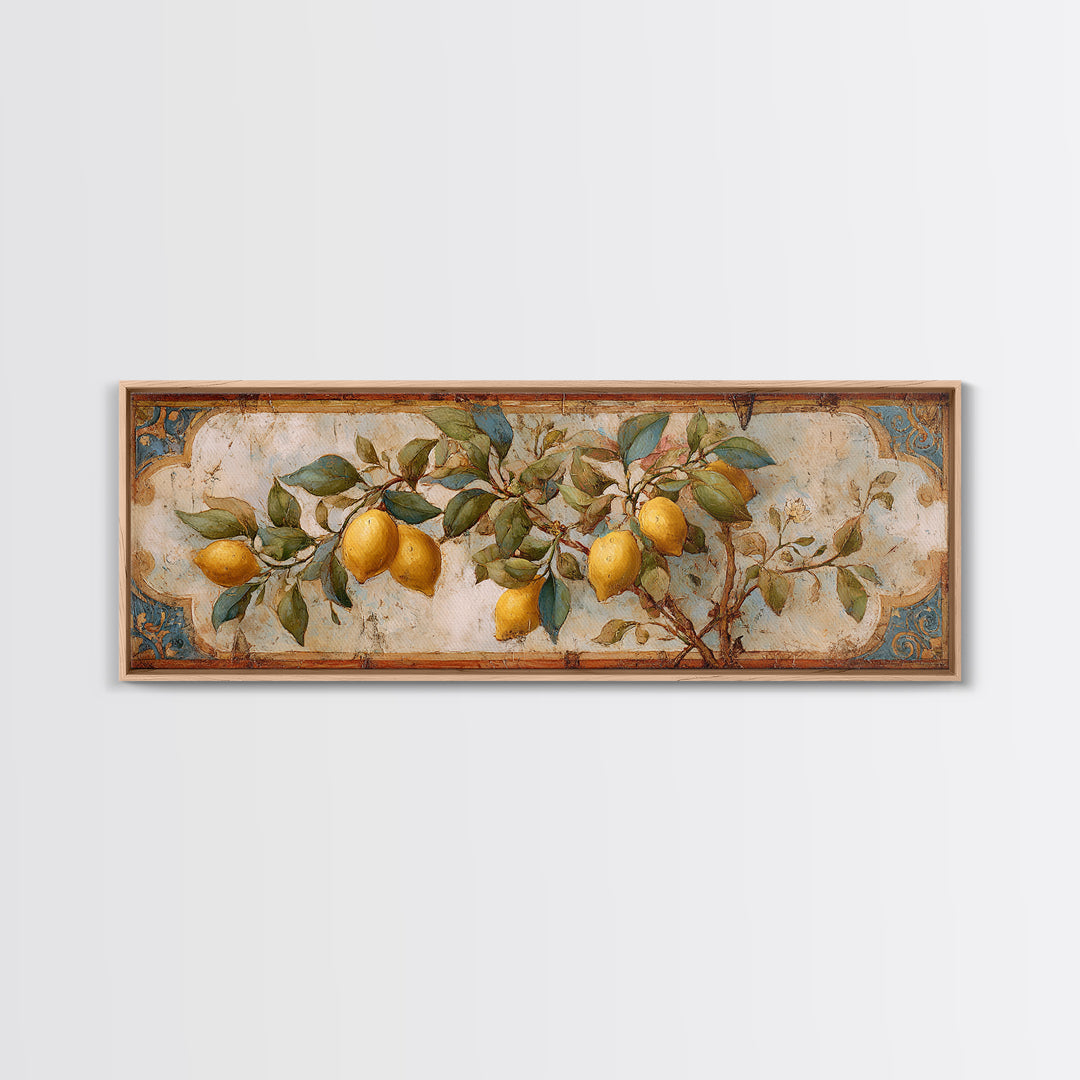 Sicilian Lemon Branch on Ivory Background Canvas Print, Mediterranean Art, Modern Wall Art, Living Room Decor, Azure, MAR-3x1-53