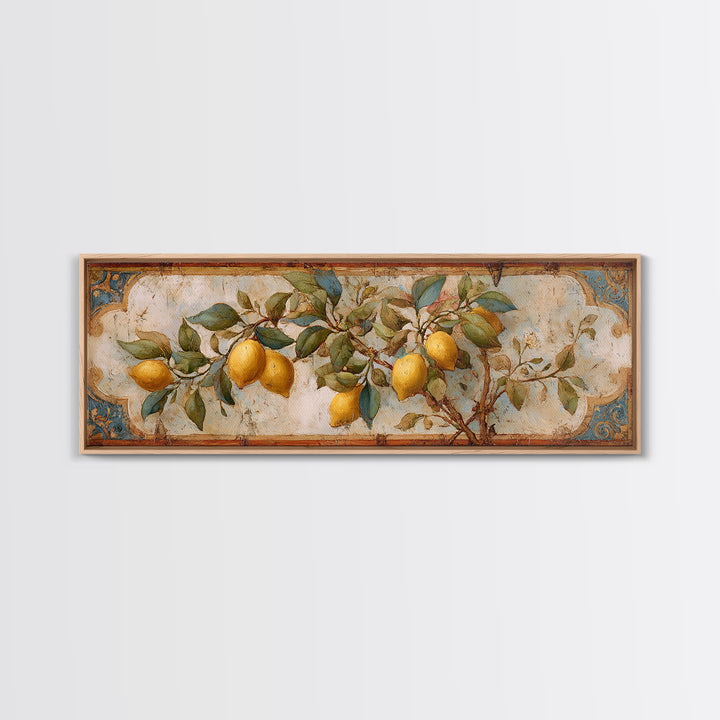 Sicilian Lemon Branch on Ivory Background Canvas Print, Mediterranean Art, Modern Wall Art, Living Room Decor, Azure, MAR-3x1-53