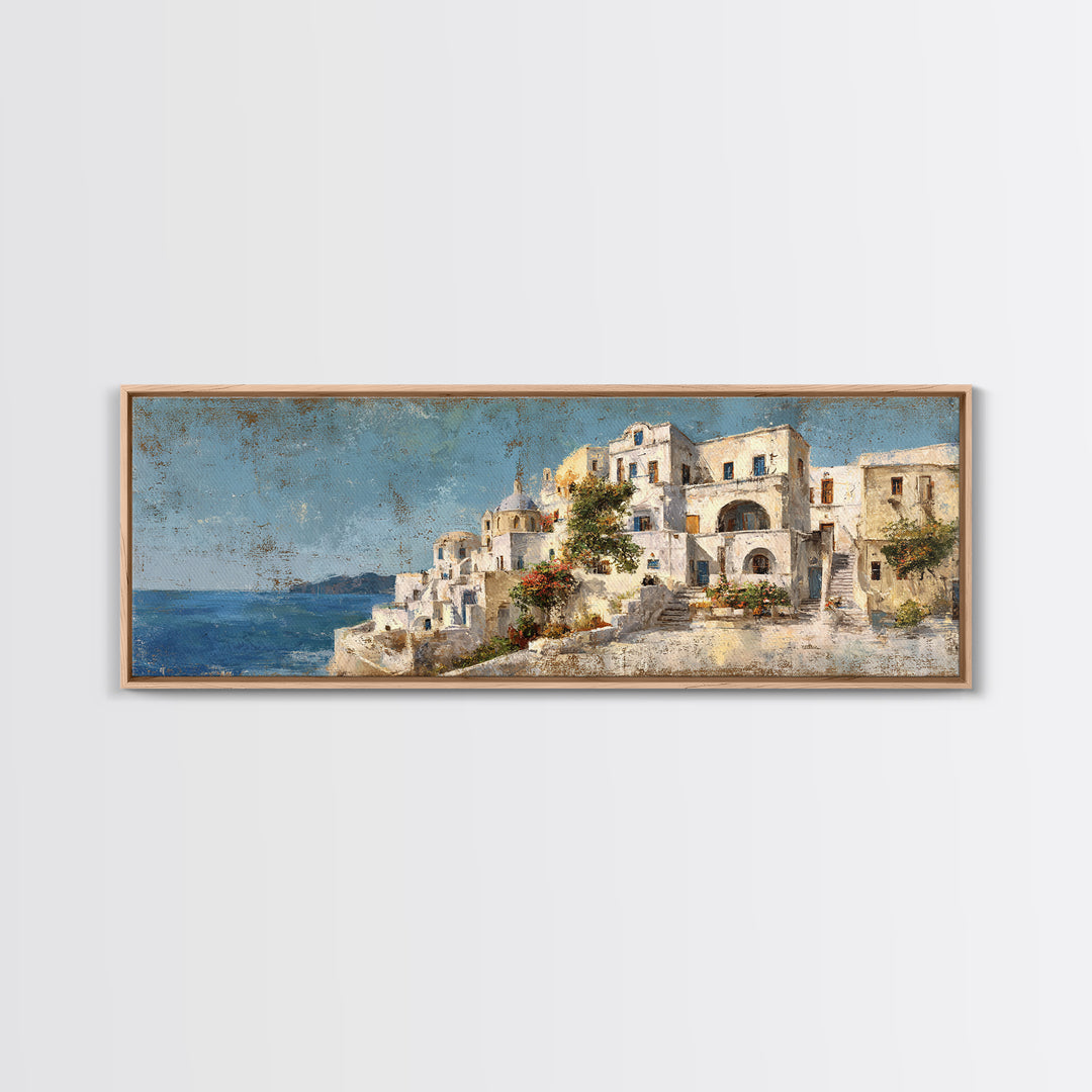 Greek Island White Buildings Above Blue Sea Canvas Print, Mediterranean Art, Coastal Wall Art, Living Room Decor, MAR-3x1-65
