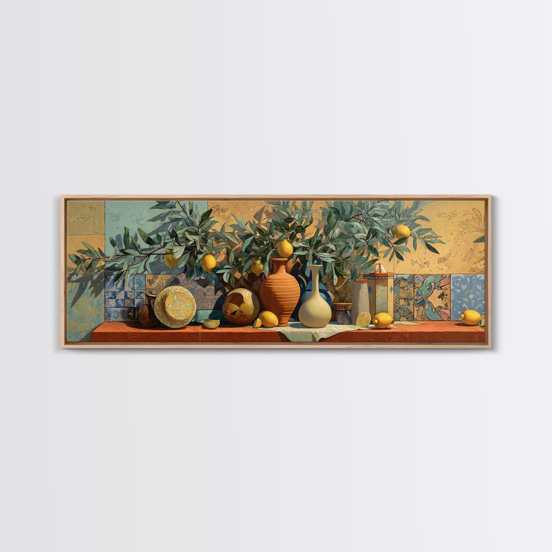 Olive Branch and Lemons on Terracotta Ground Canvas Print, Mediterranean Art, Farmhouse Decor, Living Room Decor, MAR-3x1-66