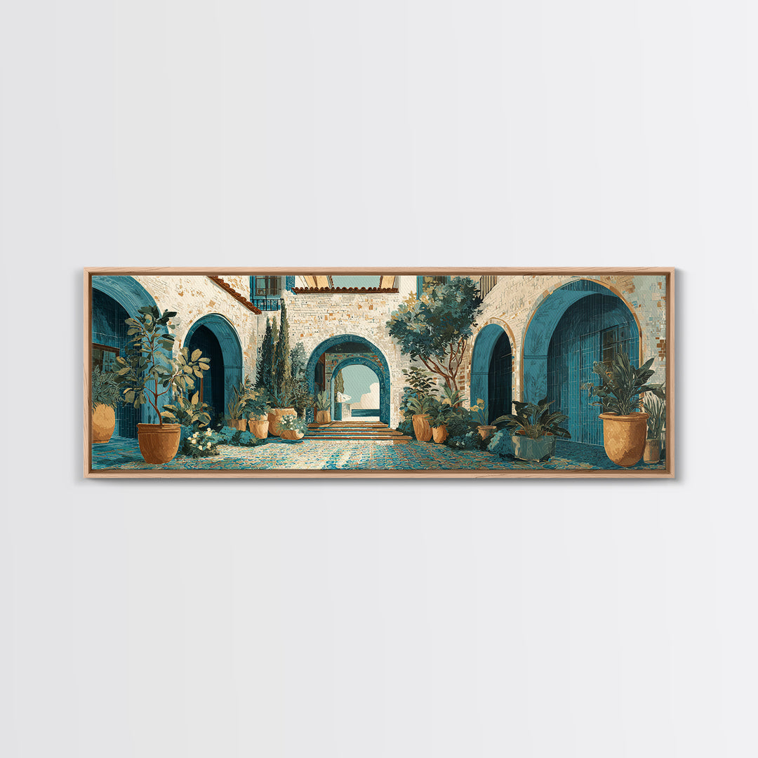 Mediterranean Arch Framing Ocean Horizon Framed Canvas Print, Mediterranean Art, Digital Wall Art, Living Room Decor, Azure, MAR-3x1-67