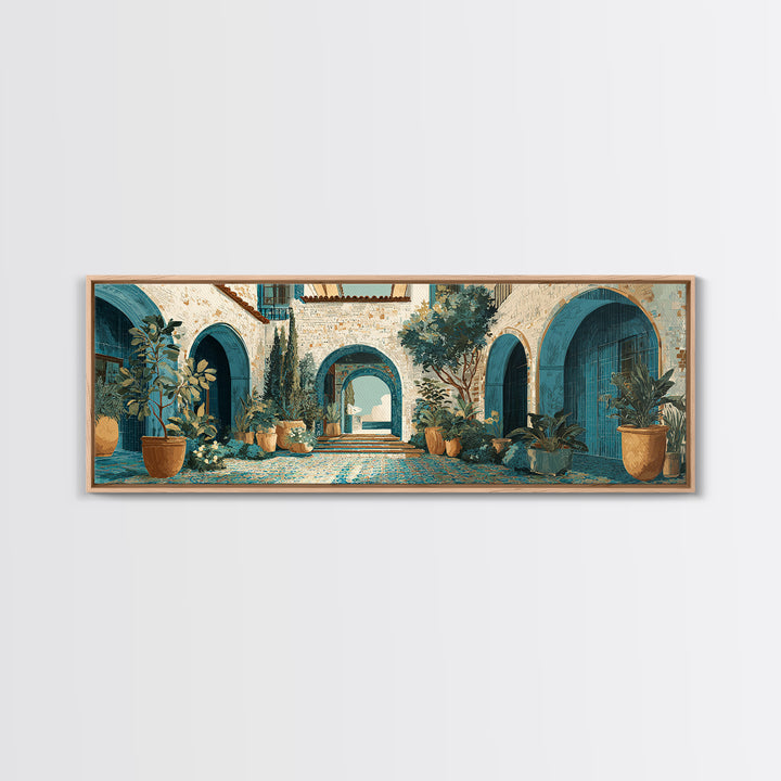 Mediterranean Arch Framing Ocean Horizon Framed Canvas Print, Mediterranean Art, Digital Wall Art, Living Room Decor, Azure, MAR-3x1-67