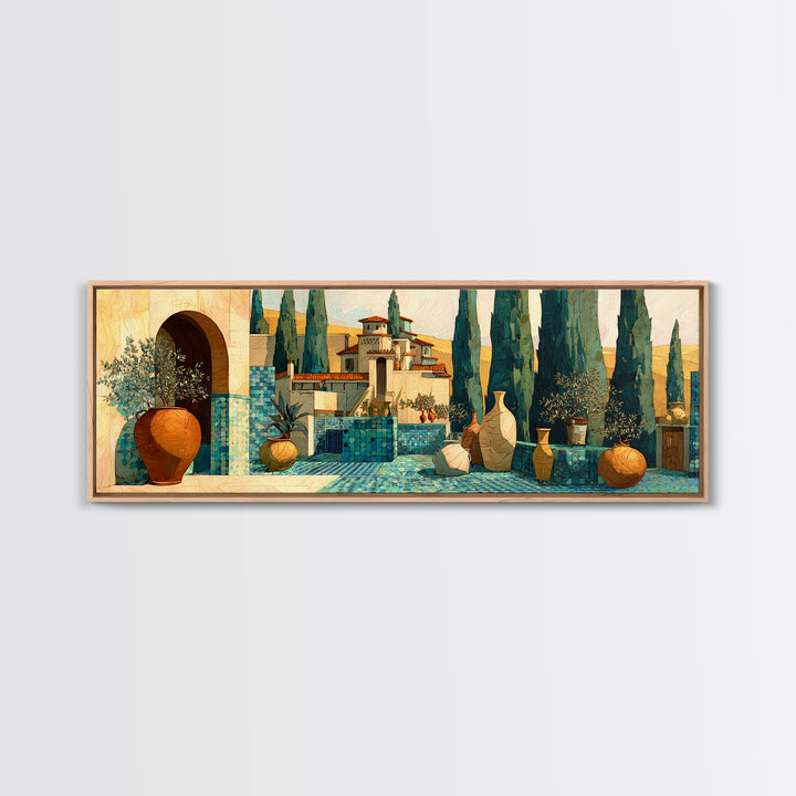 Tuscan Cypress Trees and Golden Hillside Canvas Print, Mediterranean Art, Modern Decor, Living Room Decor, Oil Painting, Azure, MAR-3x1-70