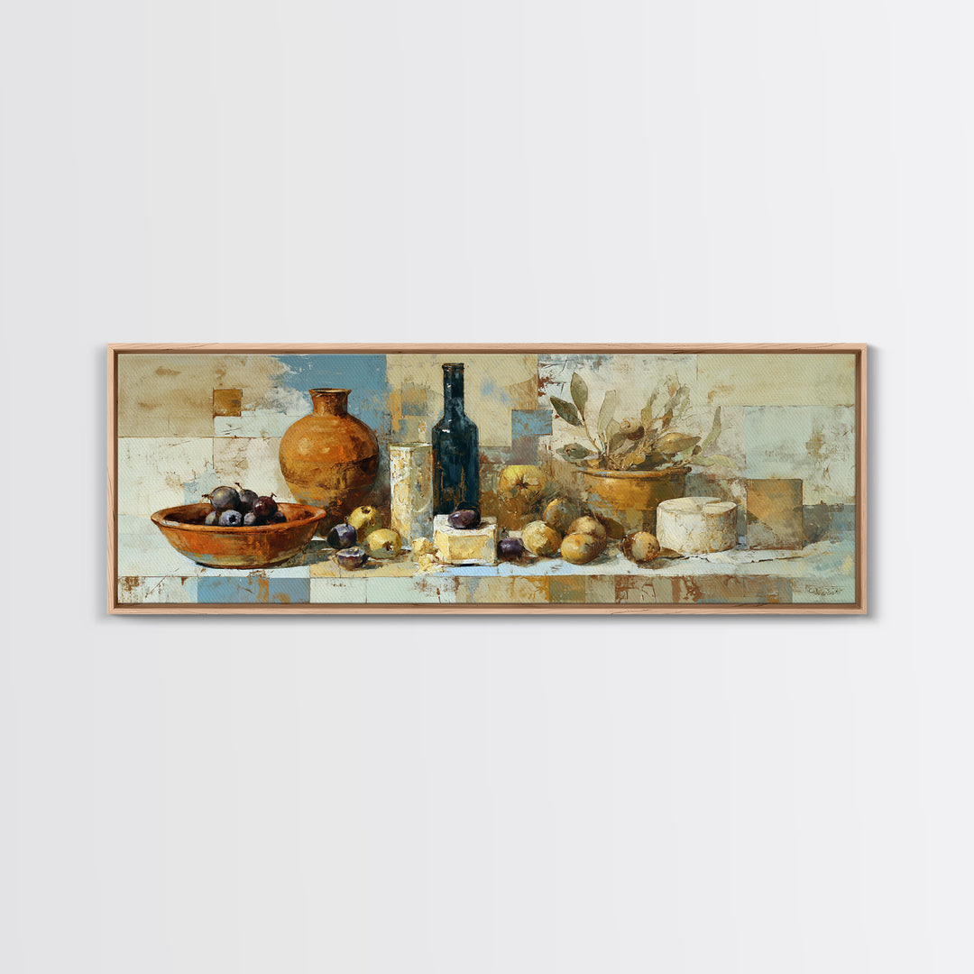 Figs Olives and Cheese Still Life Framed Canvas Print, Mediterranean Art, Minimalist Decor, Living Room Decor, Fine Art, Azure, MAR-3x1-72