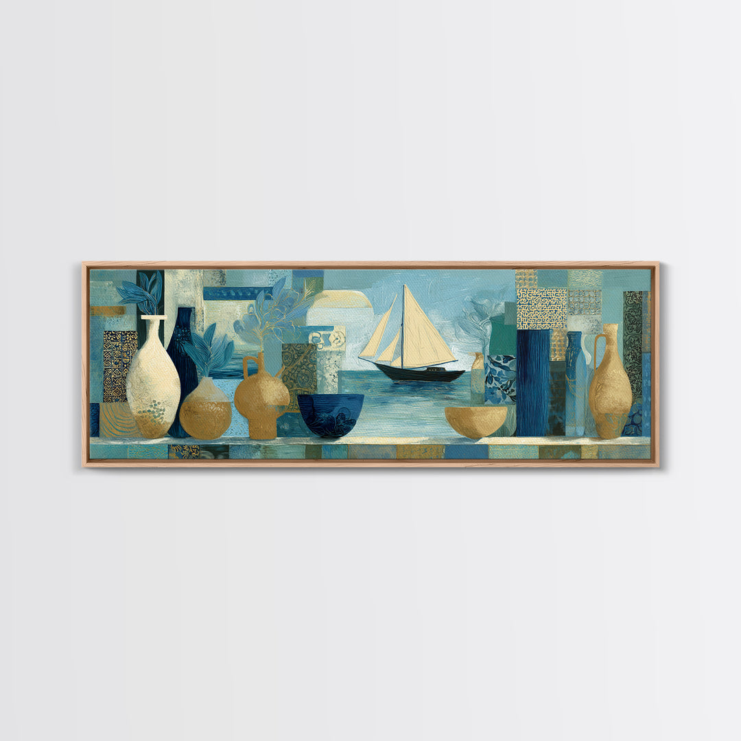 Mediterranean Sailboat on Glassy Water Framed Canvas Print, Mediterranean Art, Printable Art, Living Room Decor, Azure, MAR-3x1-82