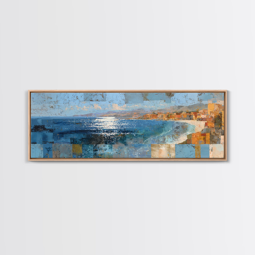 Coastal Cliffs with Sparkling Blue Water Framed Canvas Print, Mediterranean Art, Printable Wall Art, Living Room Decor, Azure, MAR-3x1-84