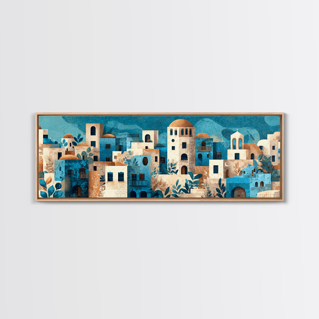 Greek Island White Buildings Above Blue Sea Canvas Print, Mediterranean Art, Landscape Painting, Living Room Decor, Azure, MAR-3x1-89