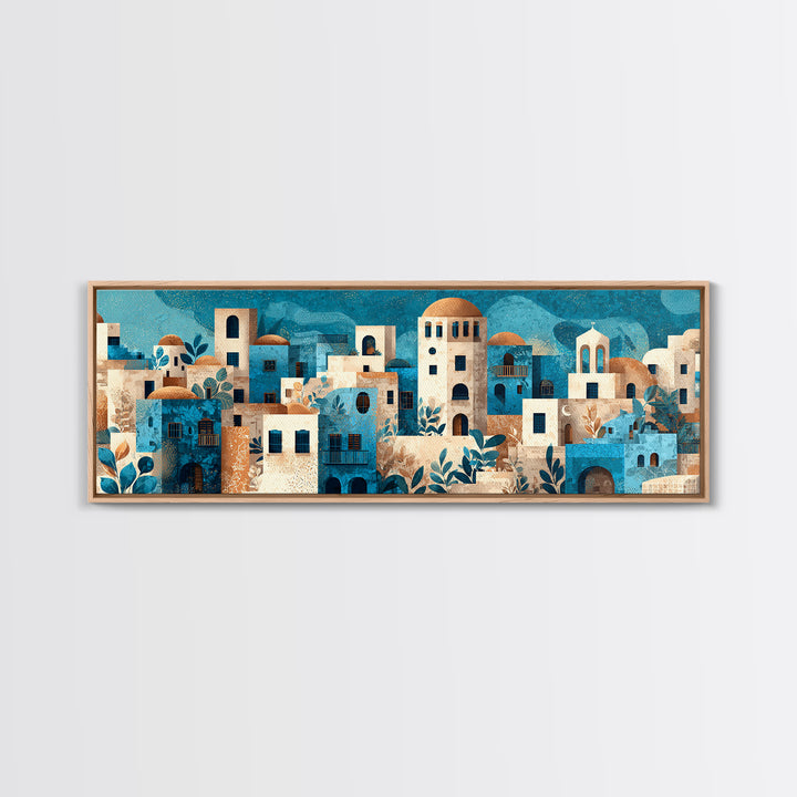 Greek Island White Buildings Above Blue Sea Canvas Print, Mediterranean Art, Landscape Painting, Living Room Decor, Azure, MAR-3x1-89