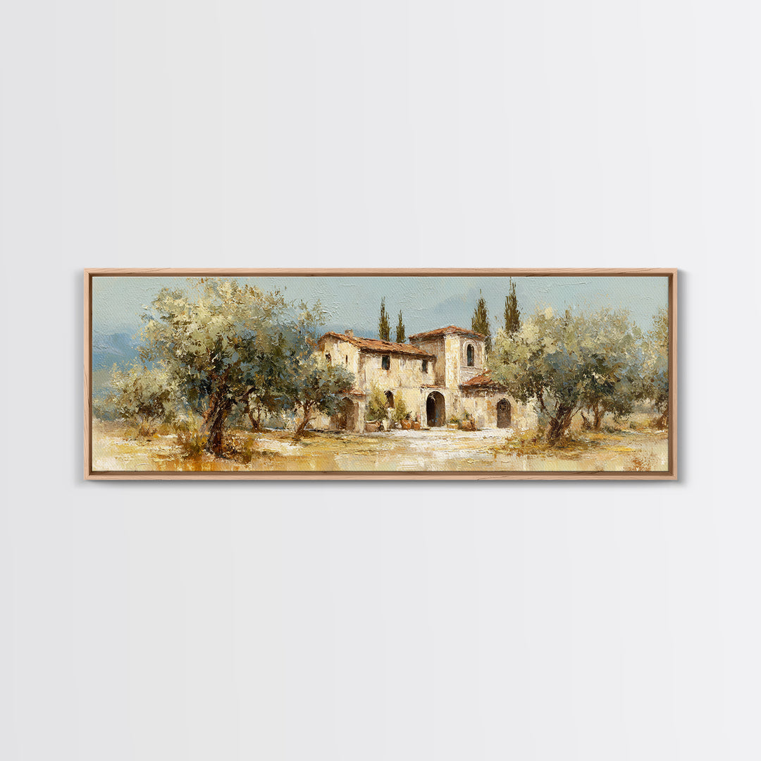 Olive Grove under Pale Morning Light Framed Canvas Print, Mediterranean Art, Oil Painting, Living Room Decor, Fine Art, Azure, MAR-3x1-9