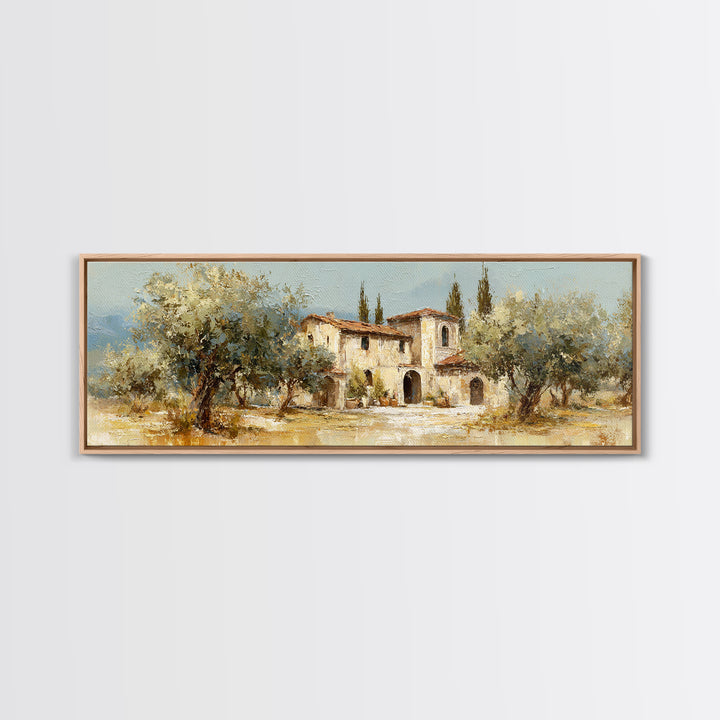 Olive Grove under Pale Morning Light Framed Canvas Print, Mediterranean Art, Oil Painting, Living Room Decor, Fine Art, Azure, MAR-3x1-9