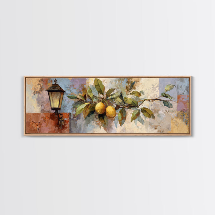 Olive Branch and Lemons on Terracotta Ground Framed Canvas Print, Mediterranean Art, Nautical Decor, Living Room Decor, Azure, MAR-3x1-90