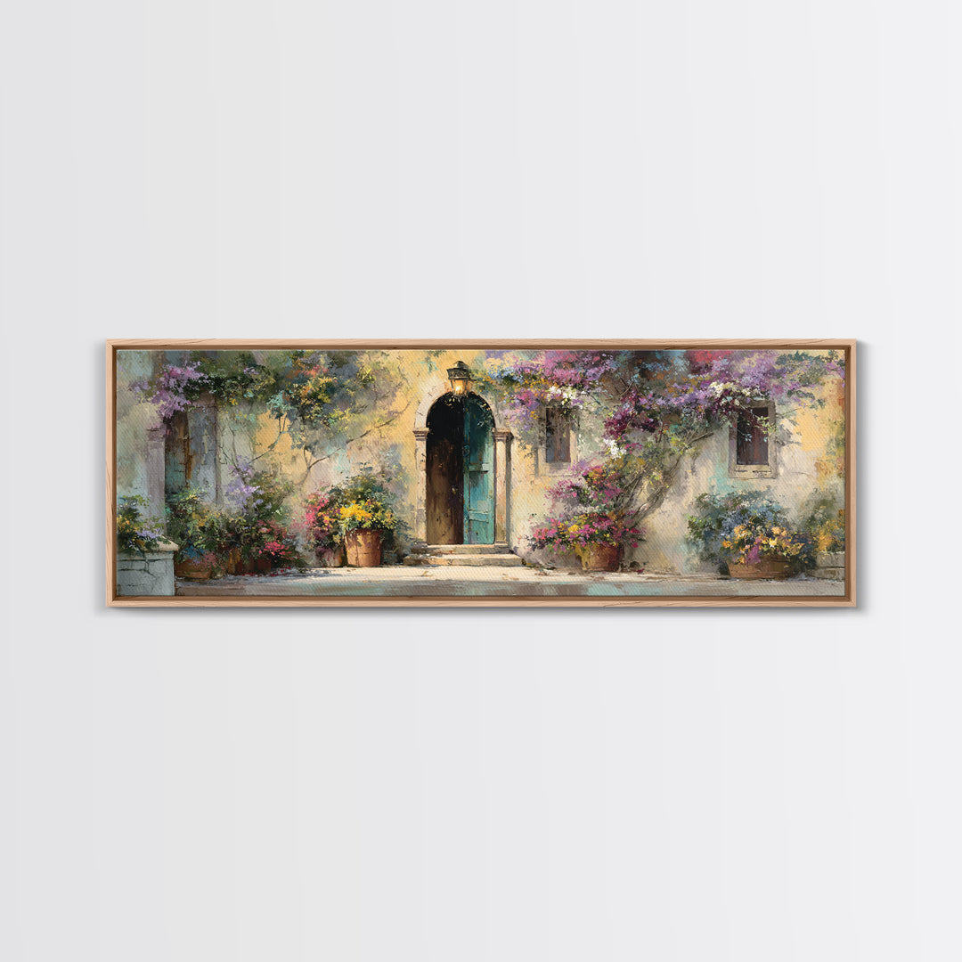 Sunlit Courtyard Doorway Framed Canvas Print, Mediterranean Art, Wall Decor, Living Room Decor, Oil Painting, Azure, MAR-3x1-99