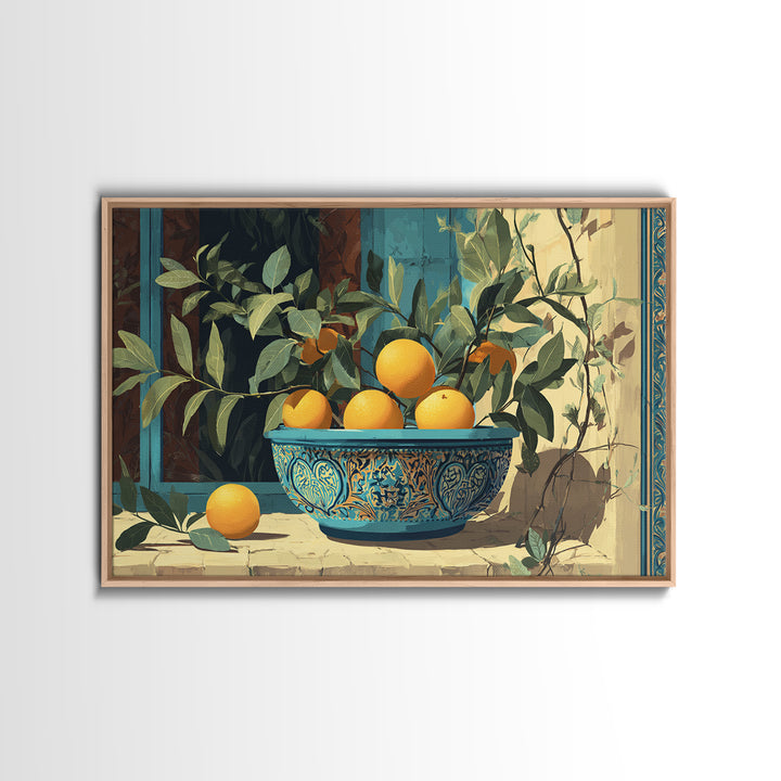 Ceramic Bowl of Oranges and Leaves Canvas Print, Mediterranean Art, Large Wall Art, Living Room Decor, Fine Art, Azure, MAR-3x2-1