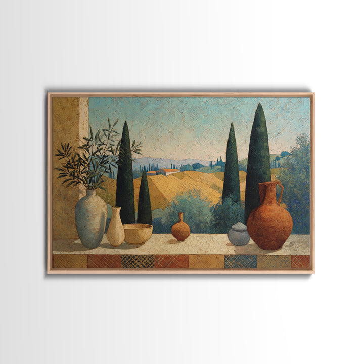 Tuscan Cypress Trees and Golden Hillside Framed Canvas Print, Mediterranean Art, Framed Wall Art, Living Room Decor, Azure, MAR-3x2-10