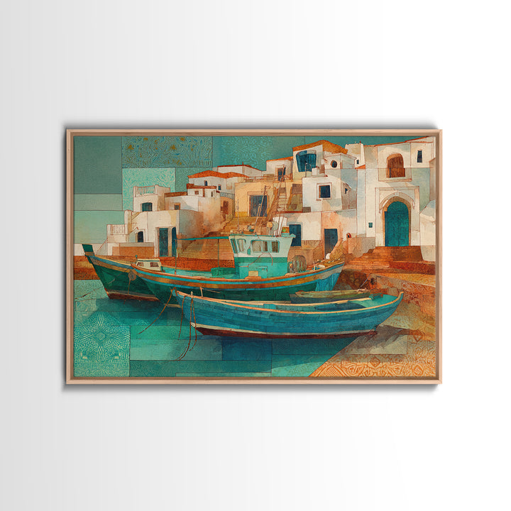 Coastal Fishing Boats Canvas Print, Mediterranean Art, Farmhouse Decor, Living Room Decor, Fine Art, Azure, Landscape Painting, MAR-3x2-11