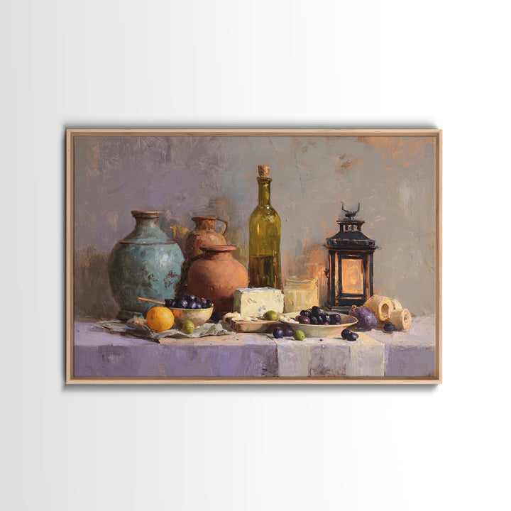 Figs Olives and Cheese Still Life Canvas Print, Mediterranean Art, Oil Painting, Living Room Decor, Azure, Nautical Decor, MAR-3x2-12