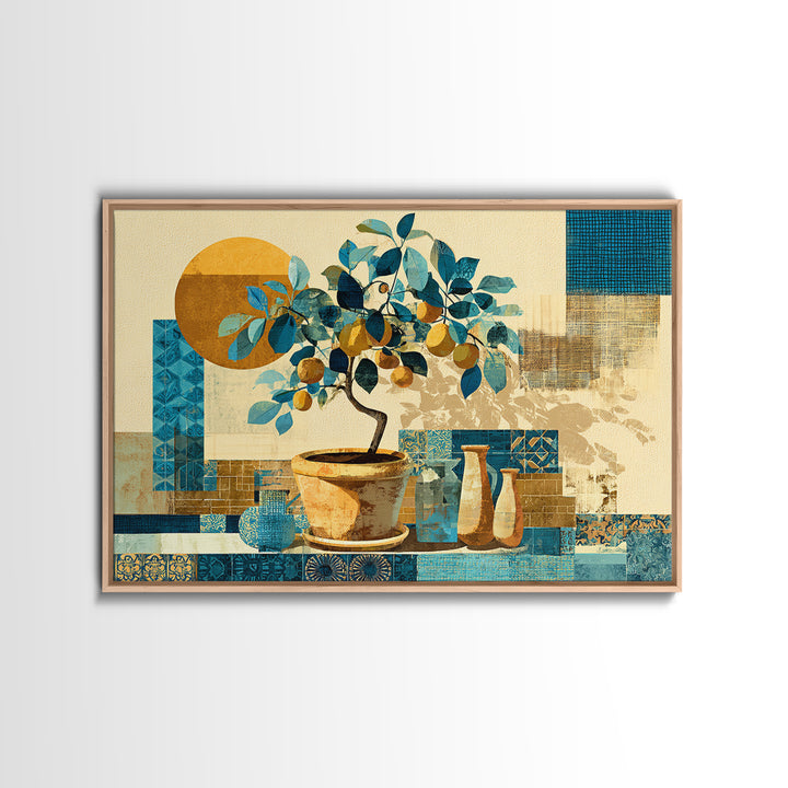 Citrus Tree in Clay Pot Framed Canvas Print, Mediterranean Art, Printable Wall Art, Living Room Decor, Fine Art, Azure, MAR-3x2-14