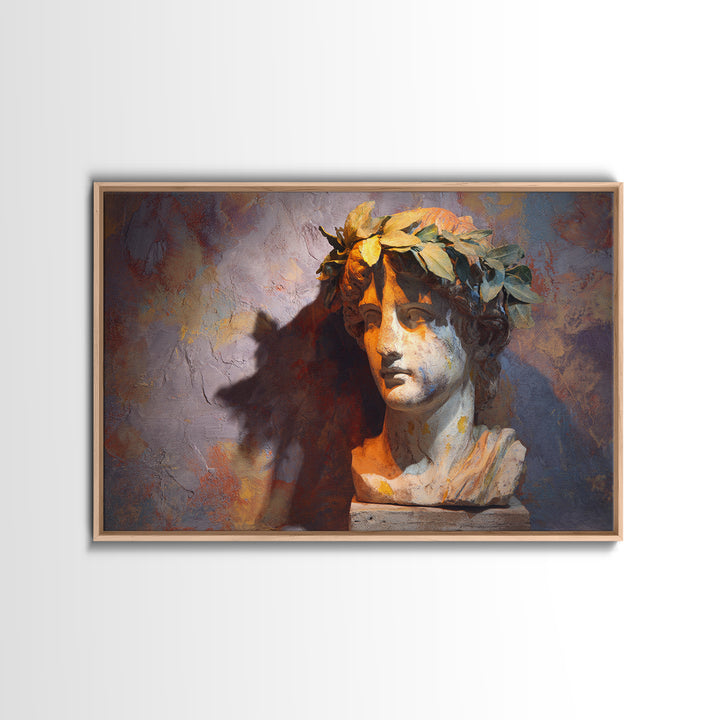 Roman Statue Bust Framed Canvas Print, Mediterranean Art, Minimalist Decor, Living Room Decor, Azure, Horizontal Wall Art, MAR-3x2-2