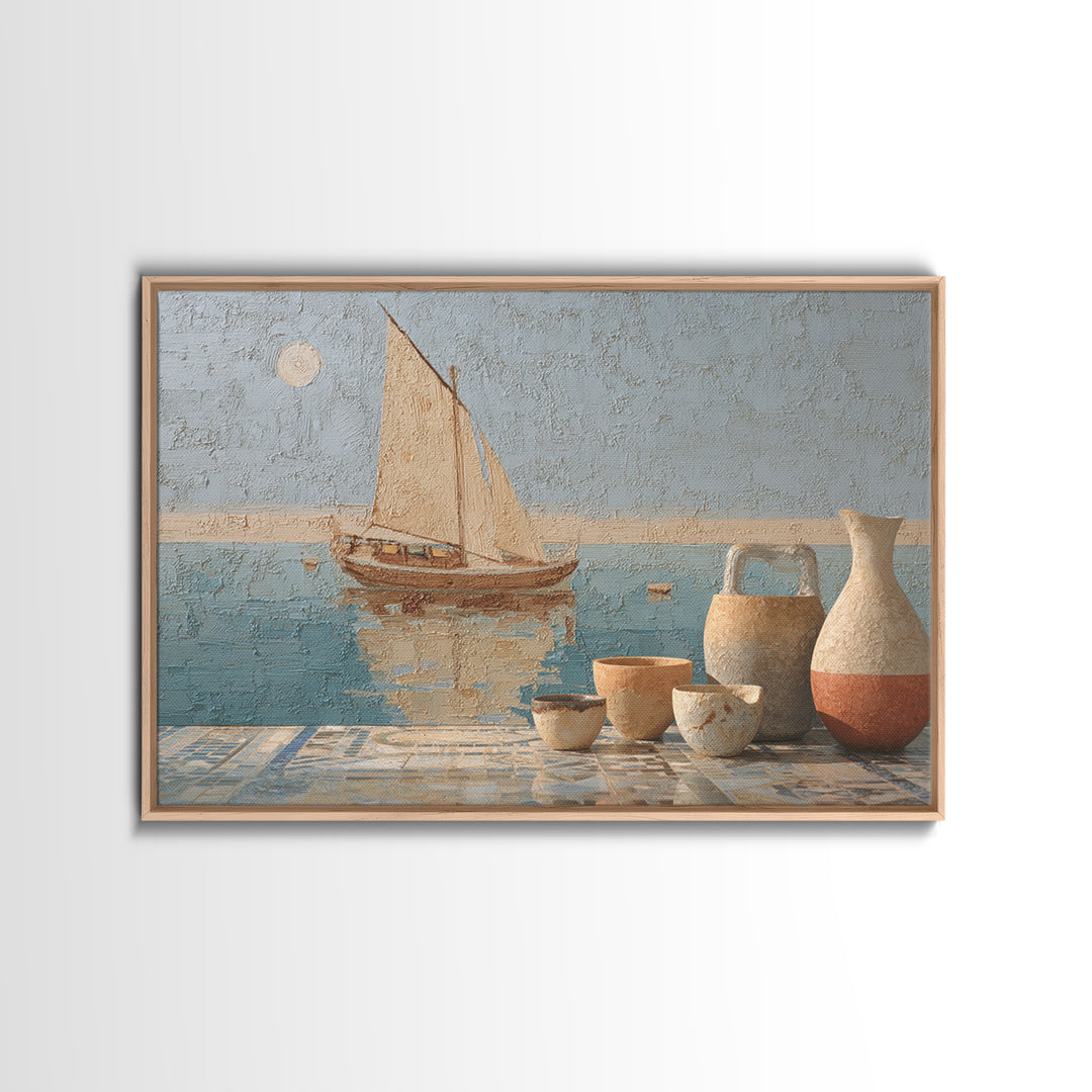 Mediterranean Sailboat on Glassy Water Canvas Print, Mediterranean Art, Oil Painting, Living Room Decor, Azure, Nautical Decor, MAR-3x2-22
