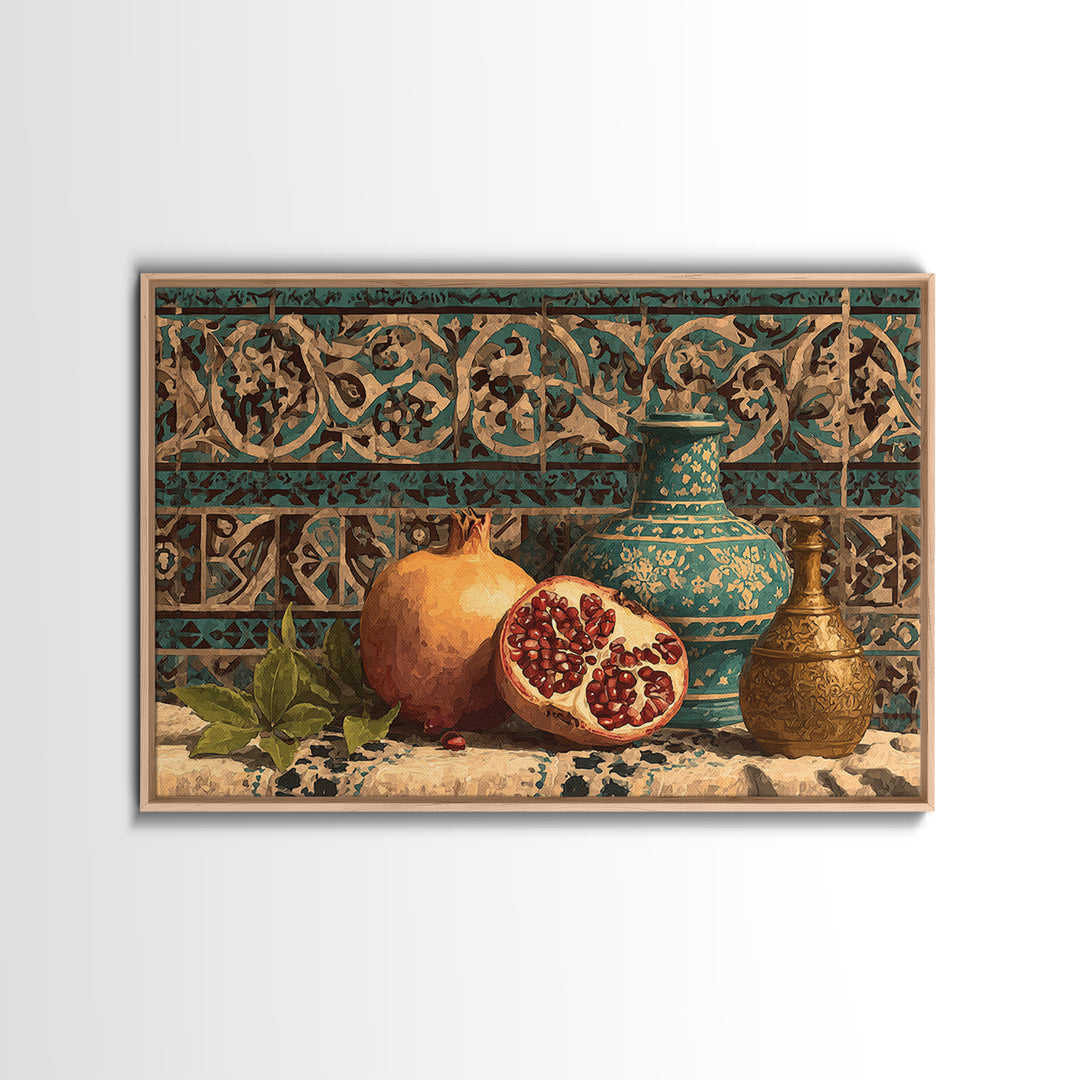 Pomegranate Still Life Framed Canvas Print, Mediterranean Art, Framed Wall Art, Living Room Decor, Azure, Watercolor Art, MAR-3x2-23