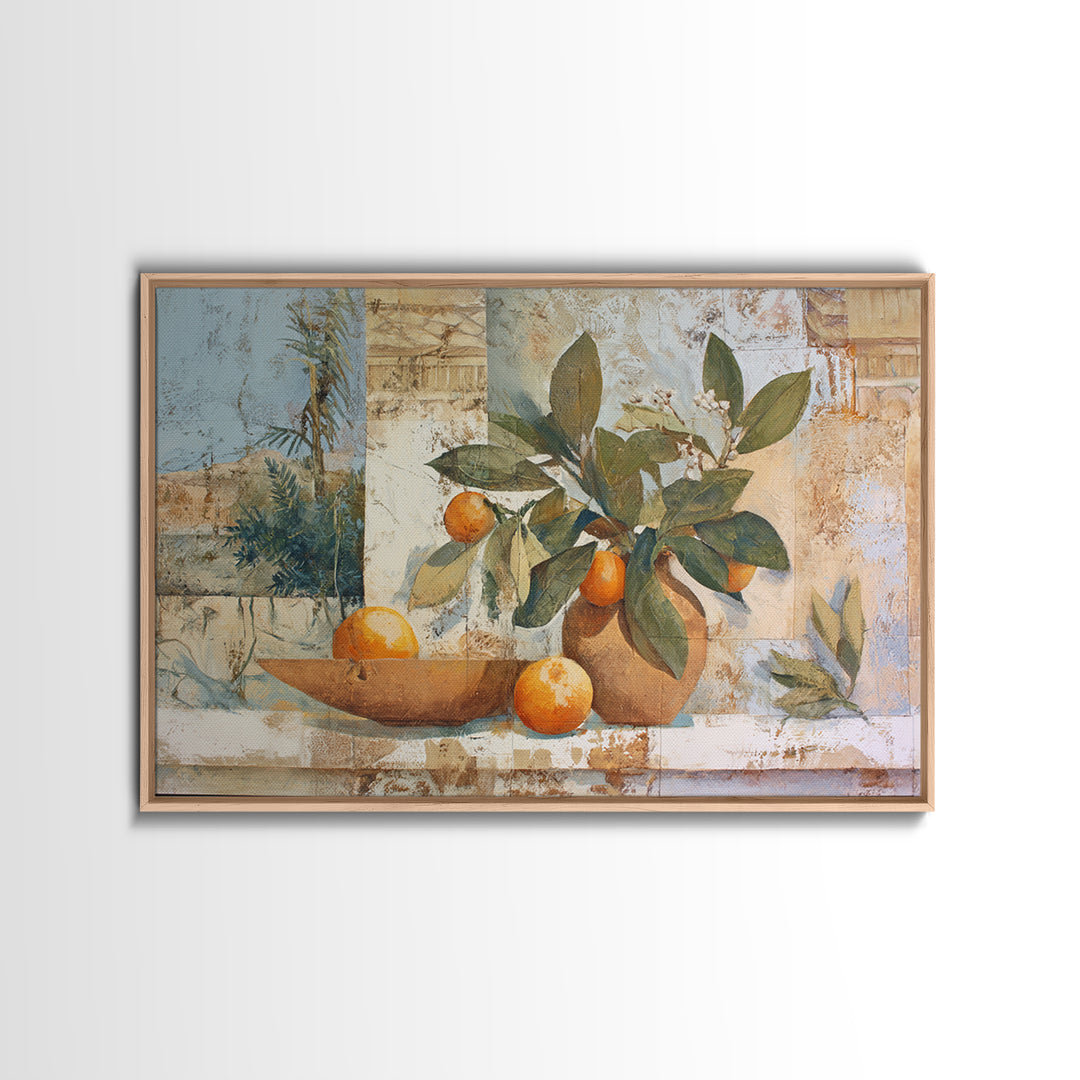 Ceramic Bowl of Oranges and Leaves Framed Canvas Print, Mediterranean Art, Horizontal Wall Art, Living Room Decor, Abstract Art, MAR-3x2-25