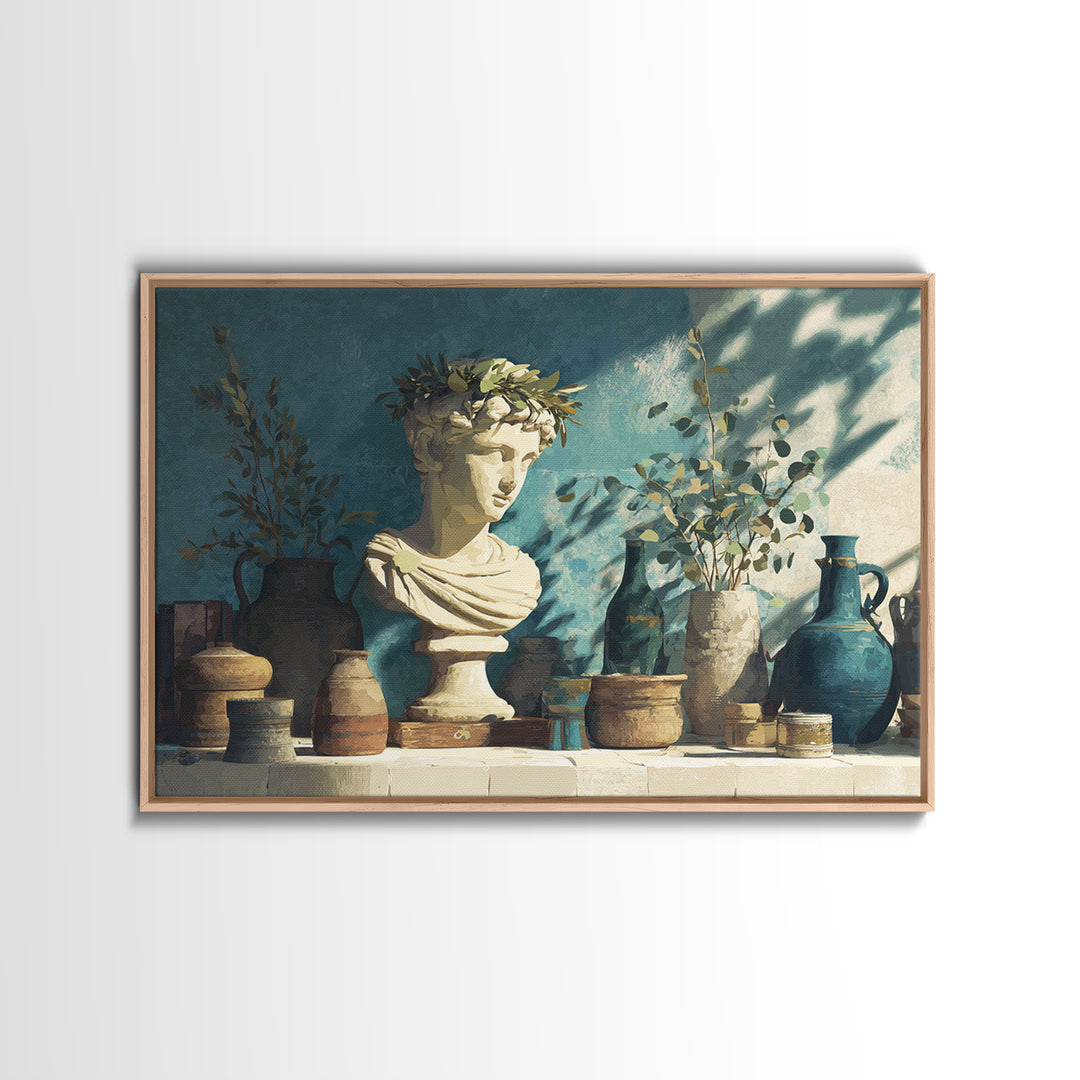 Roman Statue Bust Canvas Print, Mediterranean Art, Digital Wall Art, Living Room Decor, Watercolor Art, Azure, Coastal Wall Art, MAR-3x2-26