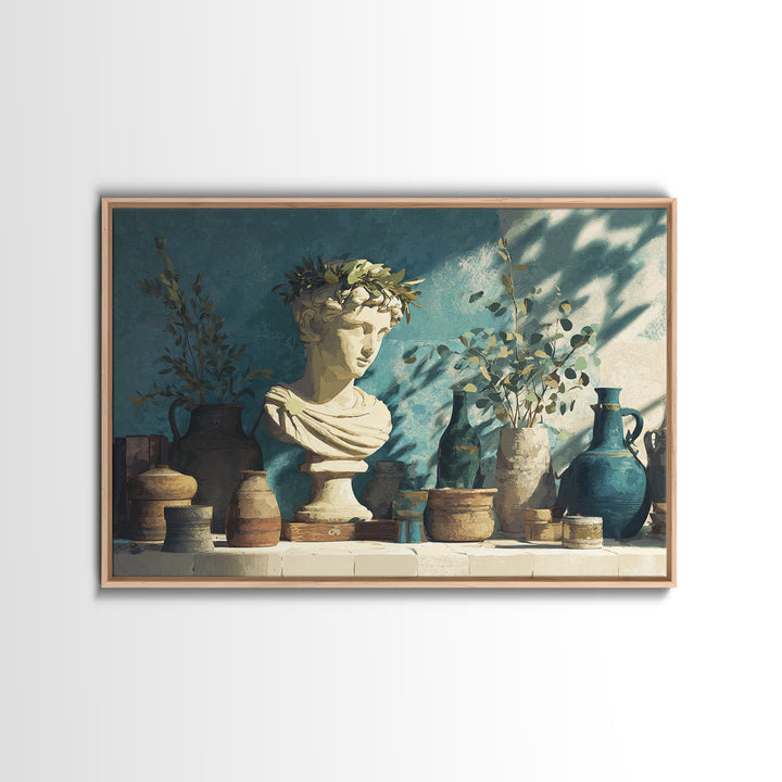 Roman Statue Bust Canvas Print, Mediterranean Art, Digital Wall Art, Living Room Decor, Watercolor Art, Azure, Coastal Wall Art, MAR-3x2-26
