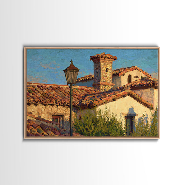 Sunset over Red Tiled Rooftops Framed Canvas Print, Mediterranean Art, Printable Art, Living Room Decor, Fine Art, Azure, MAR-3x2-27