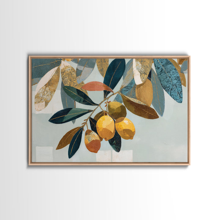 Olive Branch and Lemons on Terracotta Ground Canvas Print, Mediterranean Art, Horizontal Wall Art, Living Room Decor, Azure, MAR-3x2-30